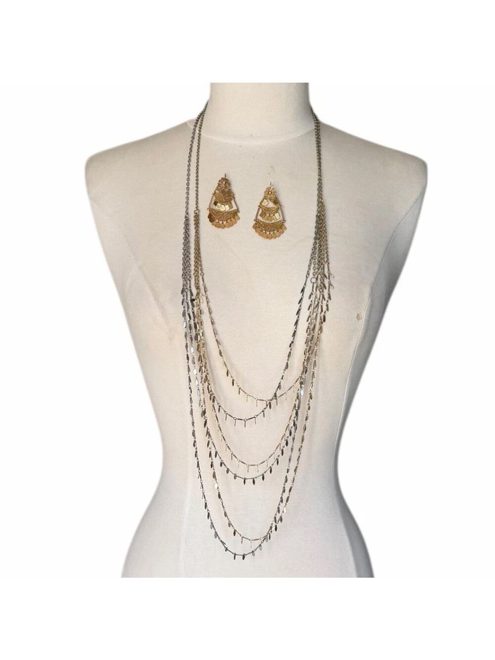Rachel Signed Multi Strand 2 Necklaces & Earrings Mixed Metal Gold Silver Set